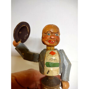 ANRI Puppet Hat Tipping Bottle Stopper Wood Carved Barware Cork Base Geneve